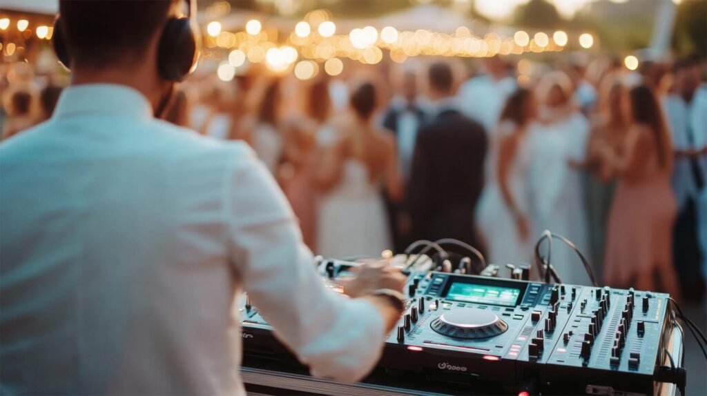 A Wedding DJ mixes tracks at a lively outdoor wedding reception while guests dance and celebrate in the background.